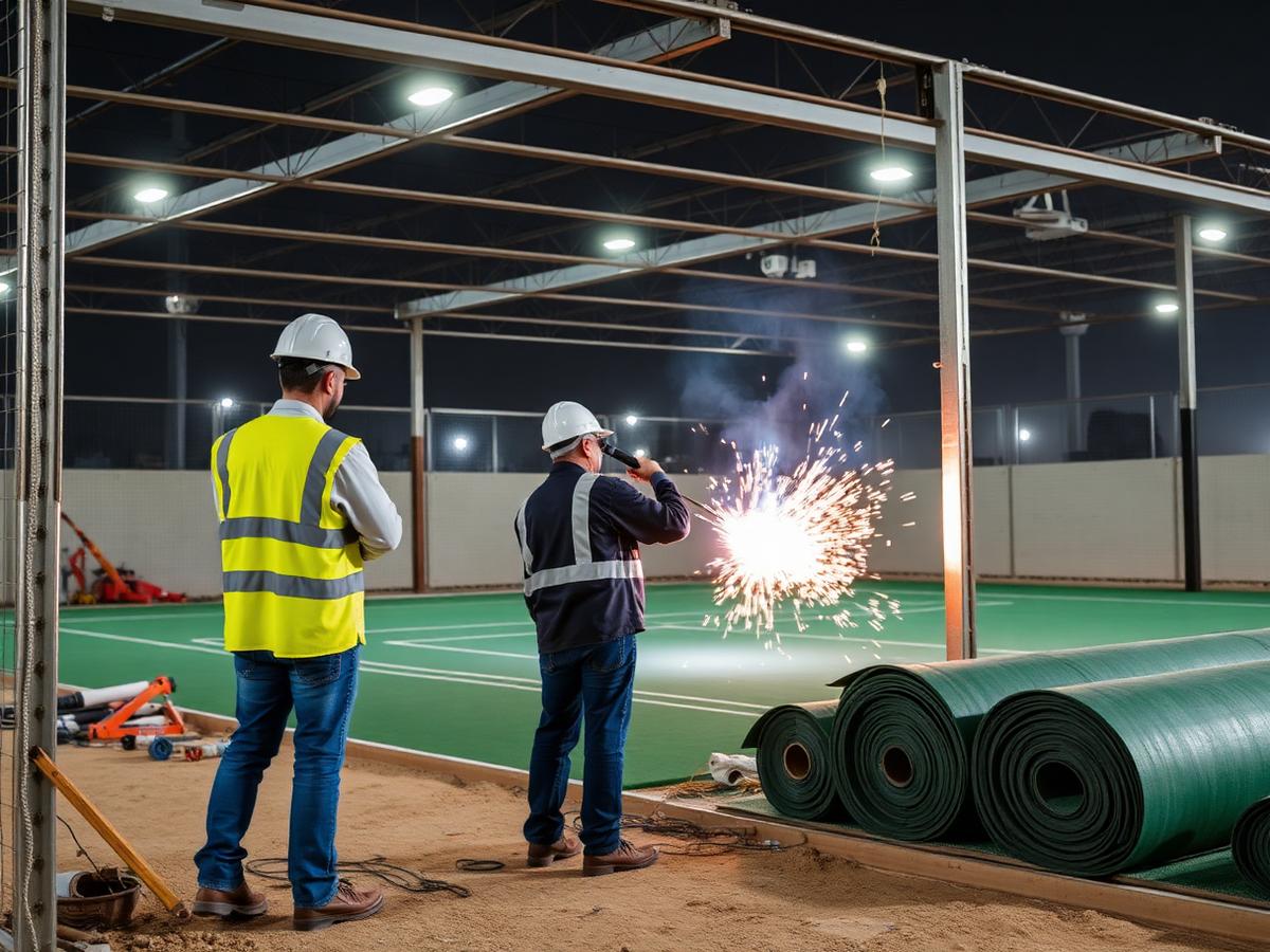 Steel structure fabrication and turf installation in progress